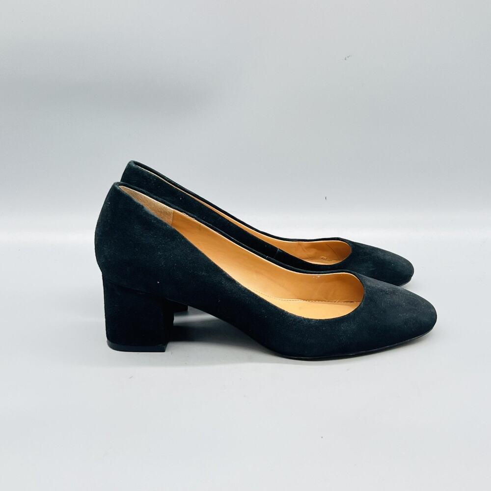 J Crew Shoes Womens 7.5 Black Suede Block Heel Pumps Round Toe Dress Slip On